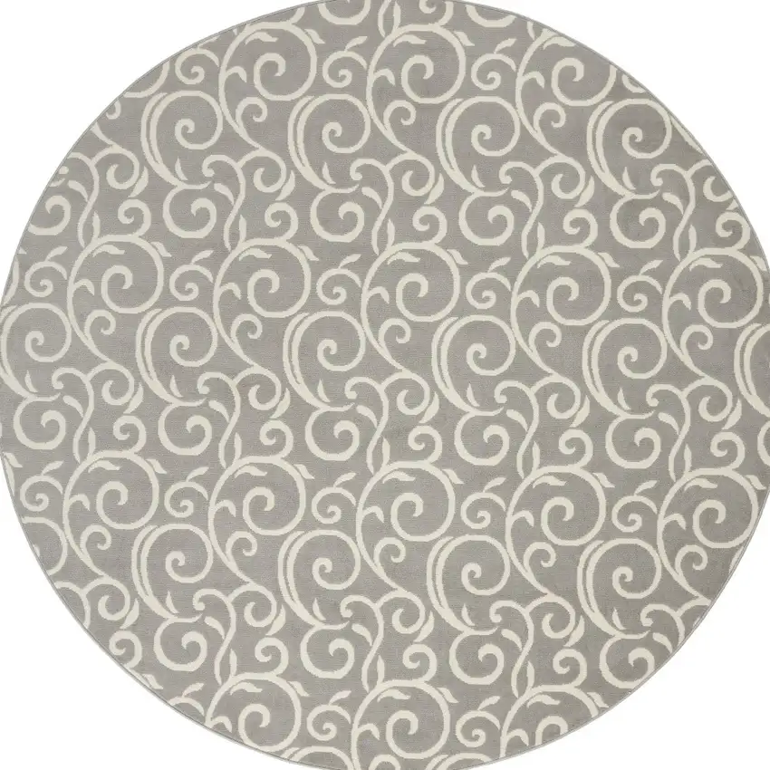 8' Gray and Ivory Round Floral Vines Power Loom Area Rug Photo 5