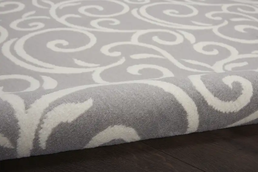 8' Gray and Ivory Round Floral Vines Power Loom Area Rug Photo 7