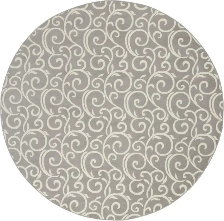 8' Gray and Ivory Round Floral Vines Power Loom Area Rug Photo 2