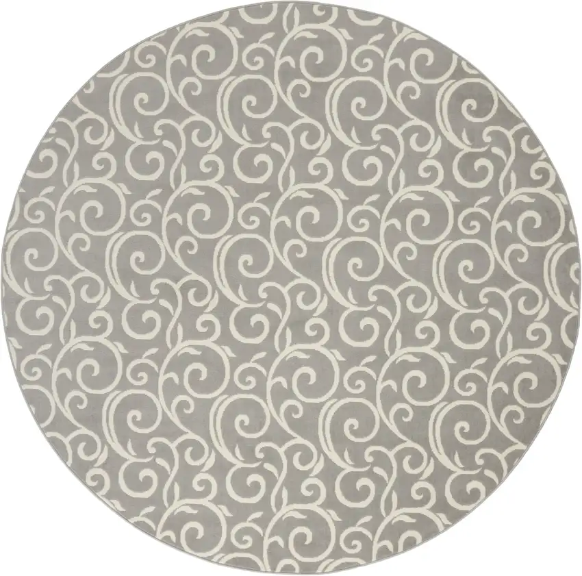 8' Gray and Ivory Round Floral Vines Power Loom Area Rug Photo 3