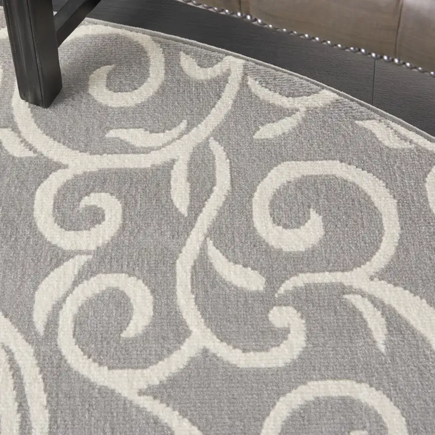 8' Gray and Ivory Round Floral Vines Power Loom Area Rug Photo 9