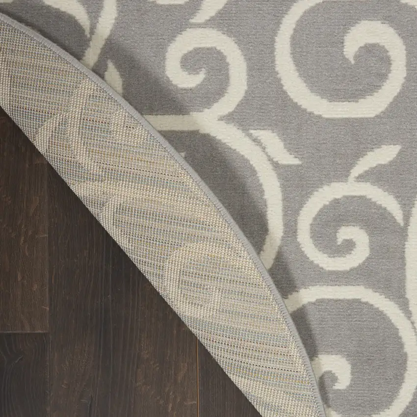 8' Gray and Ivory Round Floral Vines Power Loom Area Rug Photo 8
