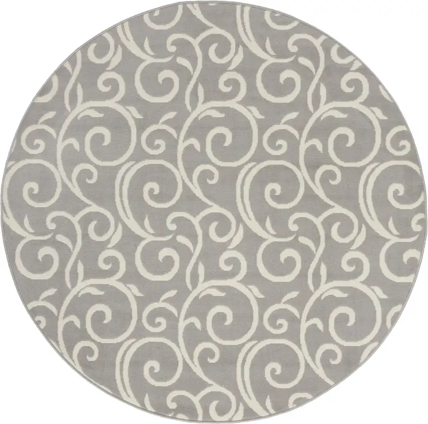 5' Gray and Ivory Round Floral Vines Power Loom Area Rug Photo 4