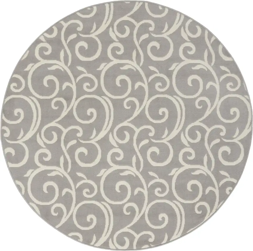 5' Gray and Ivory Round Floral Vines Power Loom Area Rug Photo 5