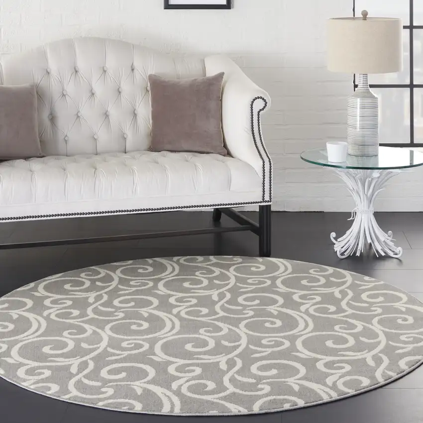 5' Gray and Ivory Round Floral Vines Power Loom Area Rug Photo 5