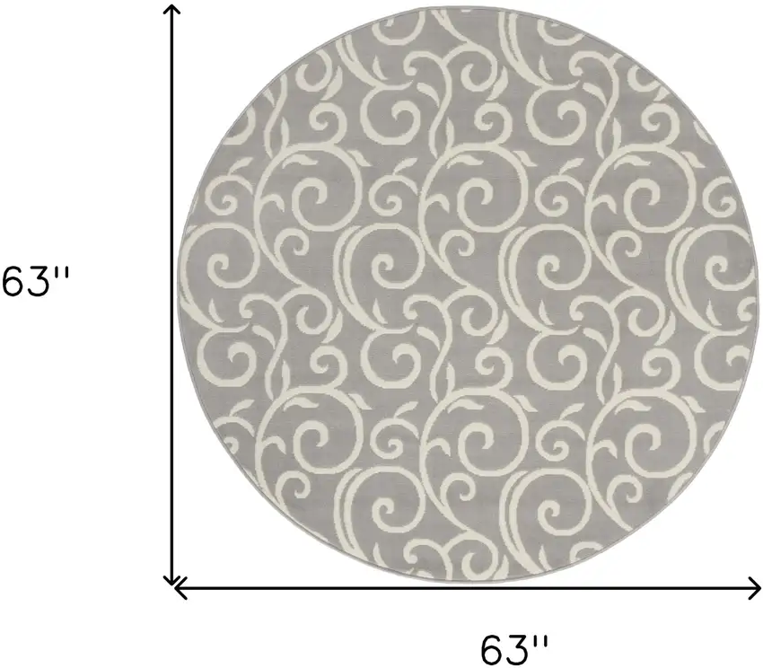 5' Gray and Ivory Round Floral Vines Power Loom Area Rug Photo 3