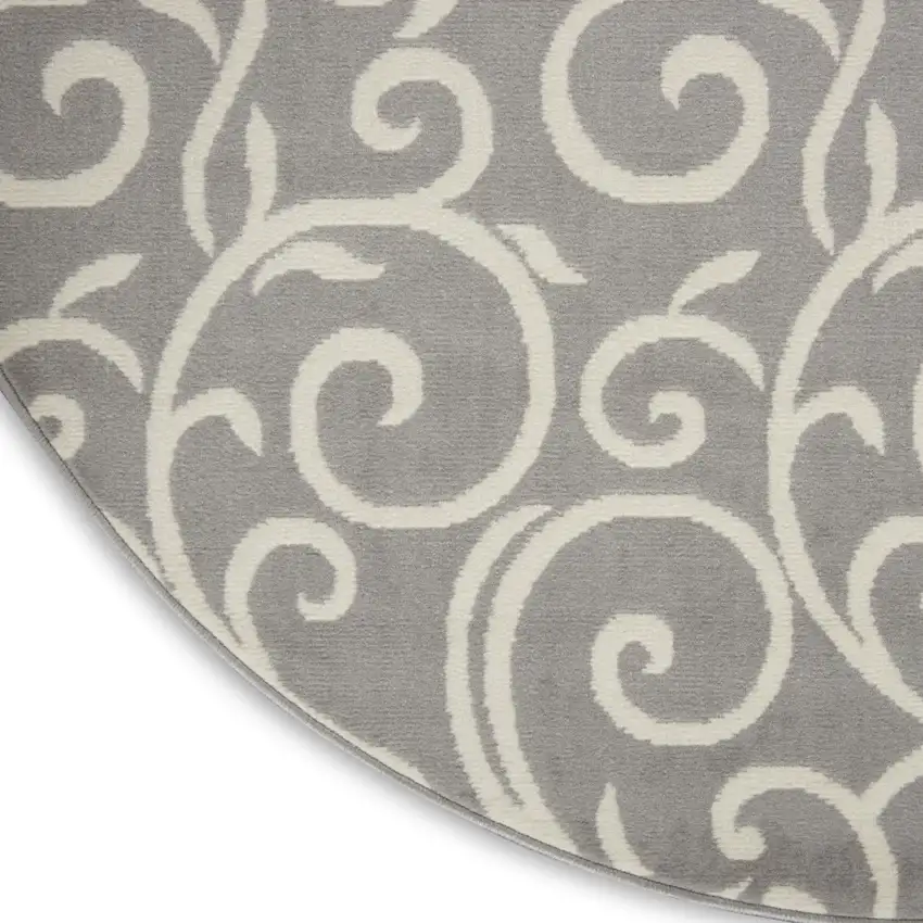5' Gray and Ivory Round Floral Vines Power Loom Area Rug Photo 8
