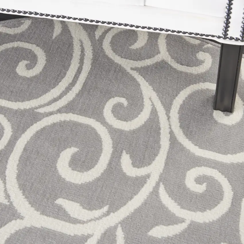 5' Gray and Ivory Round Floral Vines Power Loom Area Rug Photo 9