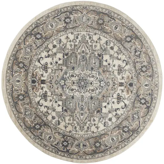 10' Gray and Ivory Round Medallion Power Loom Distressed Area Rug Photo 4