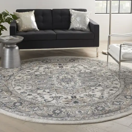 10' Gray and Ivory Round Medallion Power Loom Distressed Area Rug Photo 5