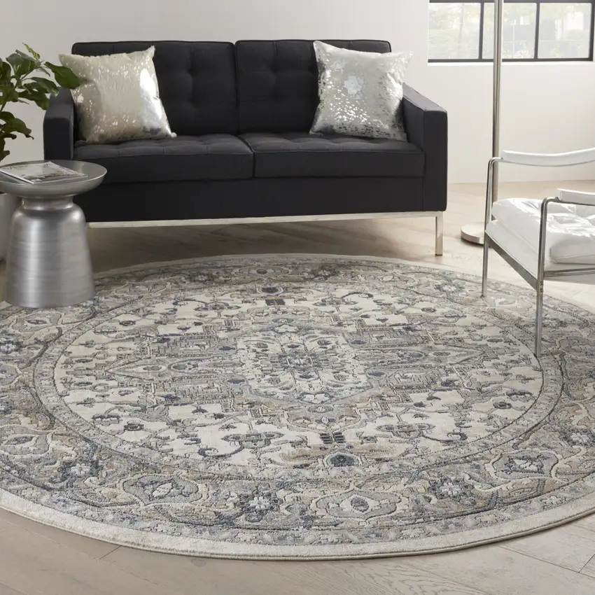 10' Gray and Ivory Round Medallion Power Loom Distressed Area Rug Photo 5