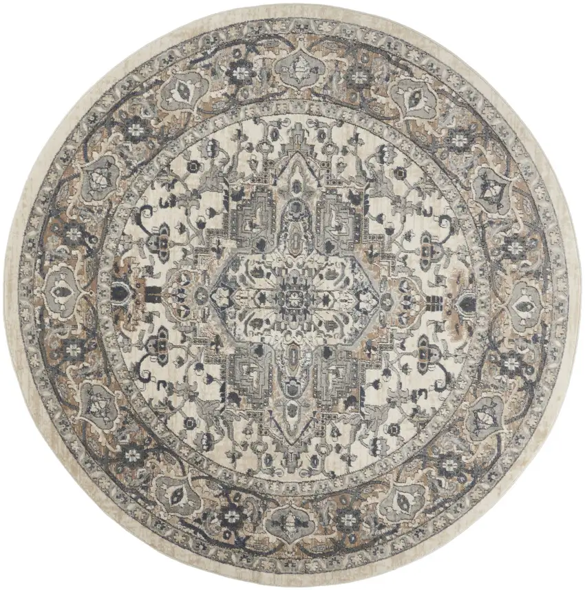 10' Gray and Ivory Round Medallion Power Loom Distressed Area Rug Photo 2