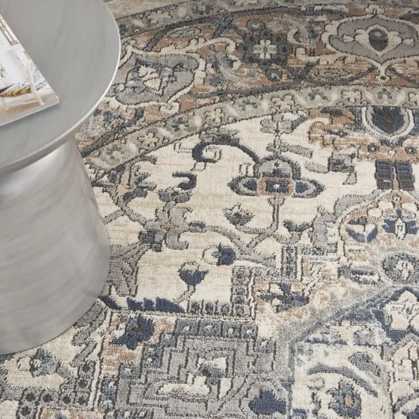 10' Gray and Ivory Round Medallion Power Loom Distressed Area Rug Photo 4