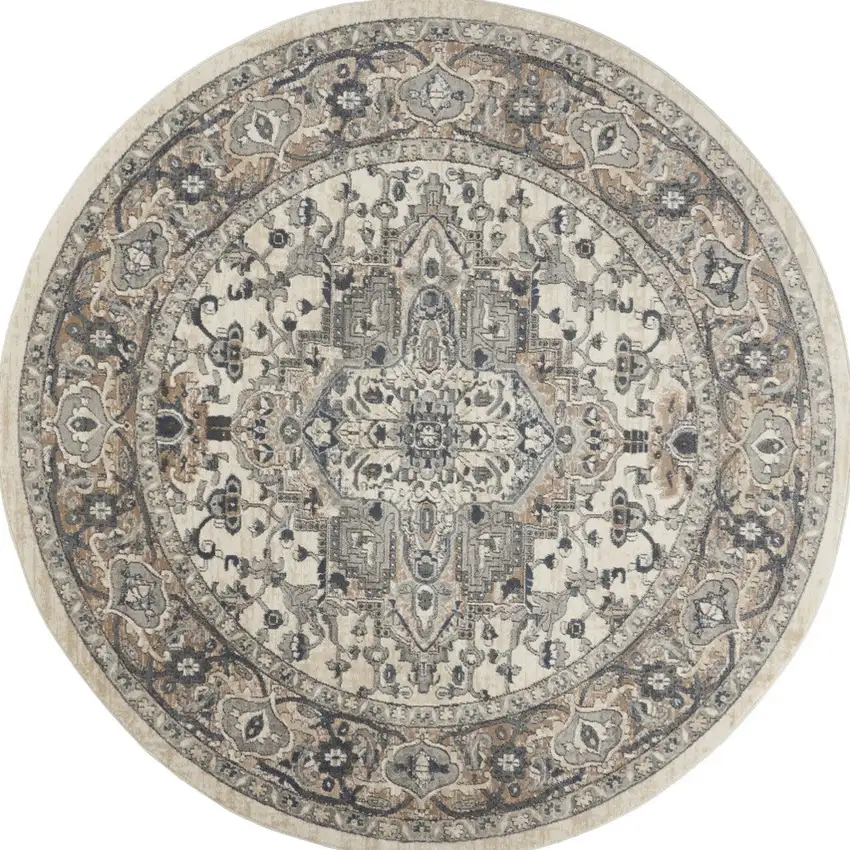 10' Gray and Ivory Round Medallion Power Loom Distressed Area Rug Photo 6