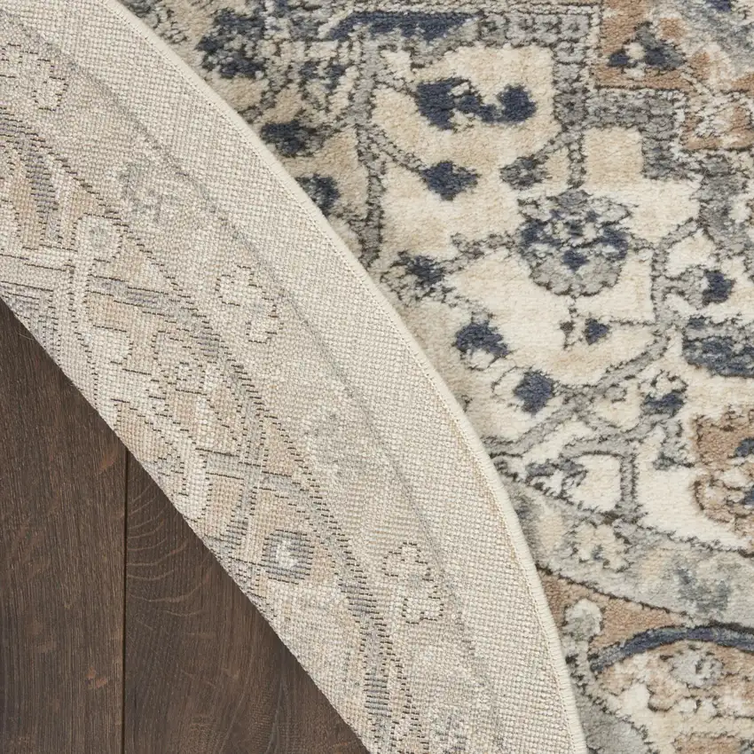 10' Gray and Ivory Round Medallion Power Loom Distressed Area Rug Photo 9