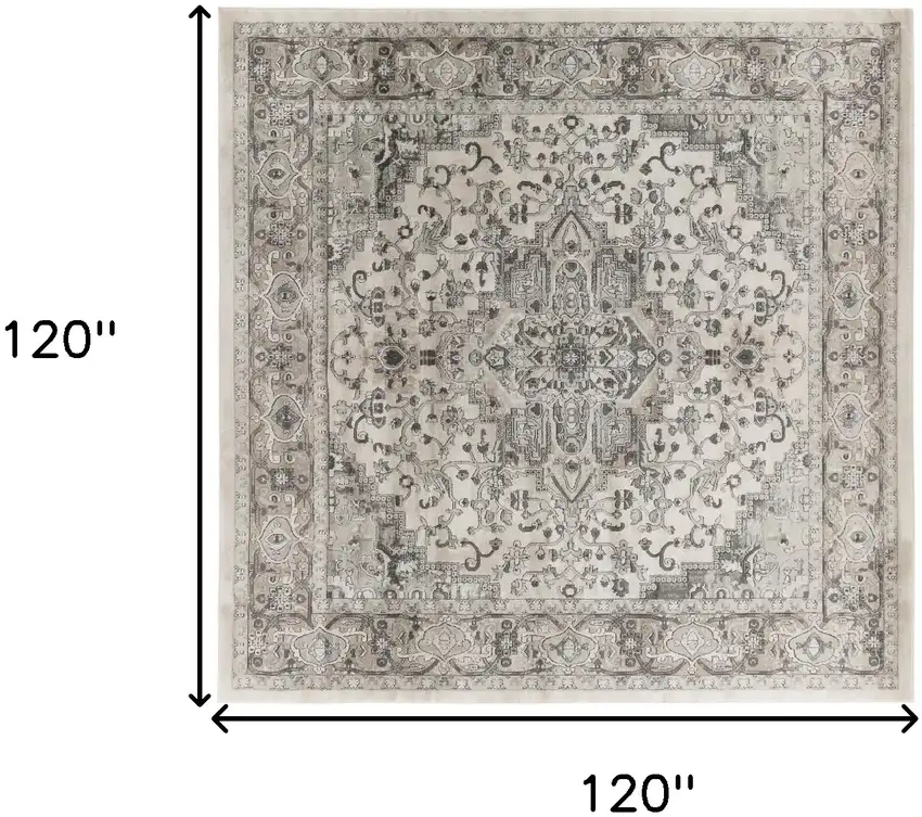 10' Gray and Ivory Square Medallion Power Loom Distressed Area Rug Photo 3