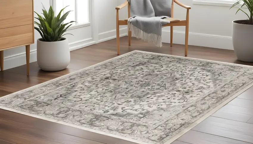 10' Gray and Ivory Square Medallion Power Loom Distressed Area Rug Photo 1
