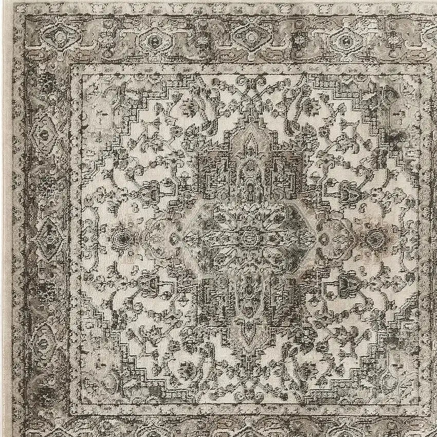 4' Gray and Ivory Square Medallion Power Loom Distressed Area Rug Photo 3