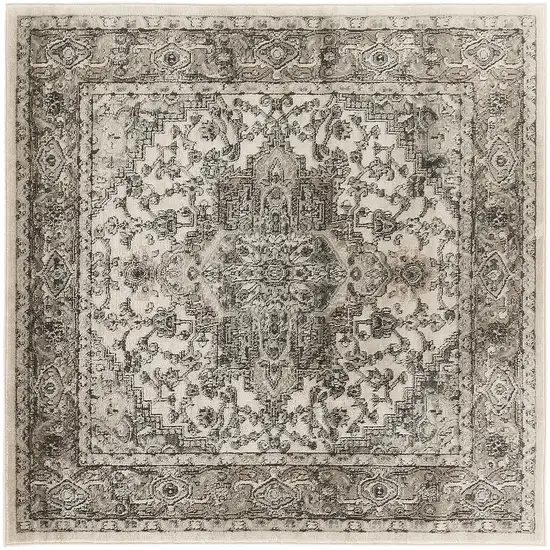 4' Gray and Ivory Square Medallion Power Loom Distressed Area Rug Photo 4