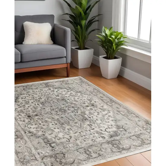 4' Gray and Ivory Square Medallion Power Loom Distressed Area Rug Photo 2
