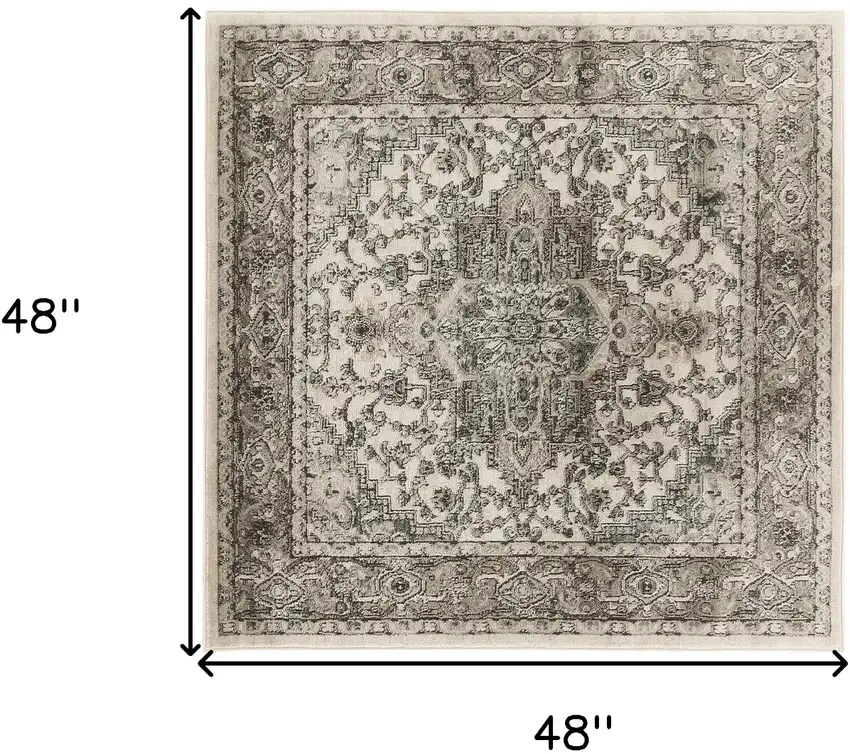 4' Gray and Ivory Square Medallion Power Loom Distressed Area Rug Photo 3