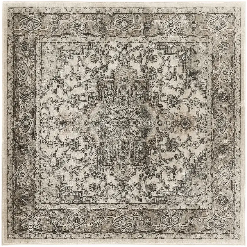 4' Gray and Ivory Square Medallion Power Loom Distressed Area Rug Photo 2