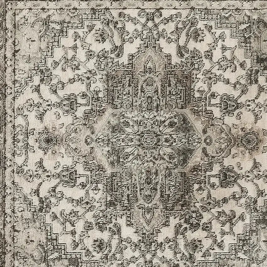 4' Gray and Ivory Square Medallion Power Loom Distressed Area Rug Photo 1