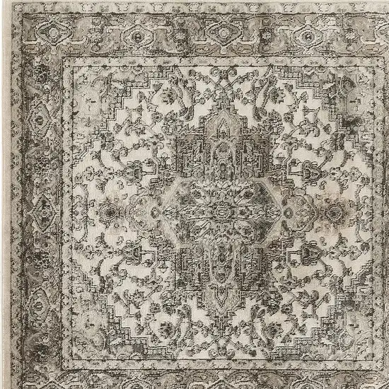 5' Gray and Ivory Square Medallion Power Loom Distressed Area Rug Photo 7