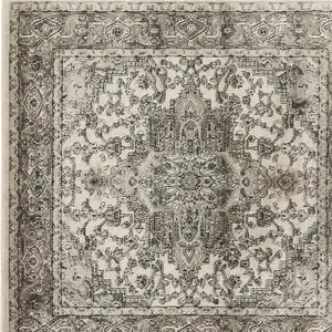 Photo of 5' Gray and Ivory Square Medallion Power Loom Distressed Area Rug
