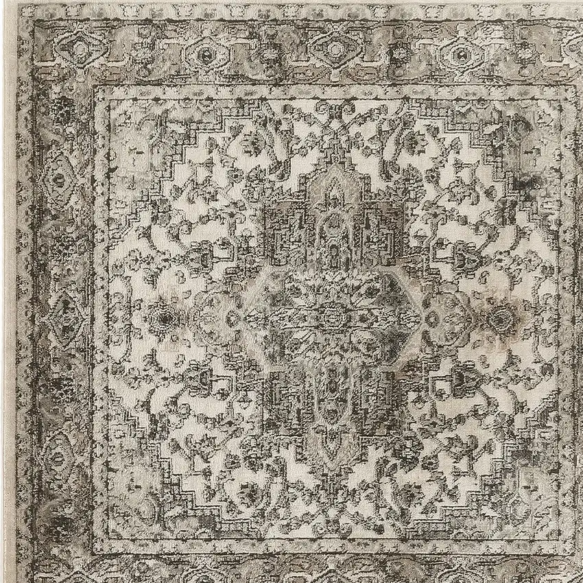 5' Gray and Ivory Square Medallion Power Loom Distressed Area Rug Photo 7