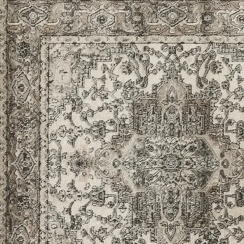 5' Gray and Ivory Square Medallion Power Loom Distressed Area Rug Photo 6