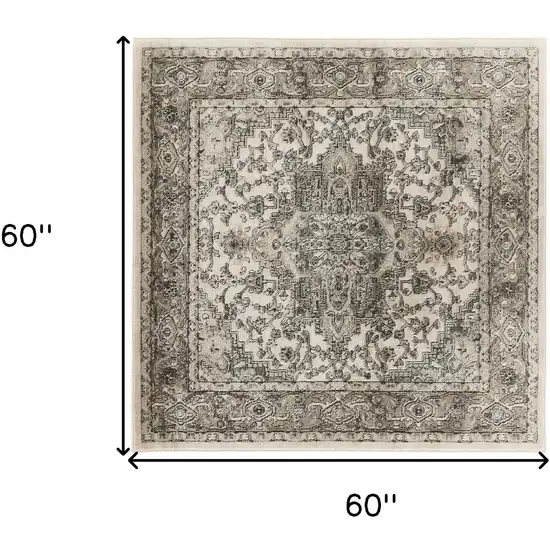 5' Gray and Ivory Square Medallion Power Loom Distressed Area Rug Photo 3