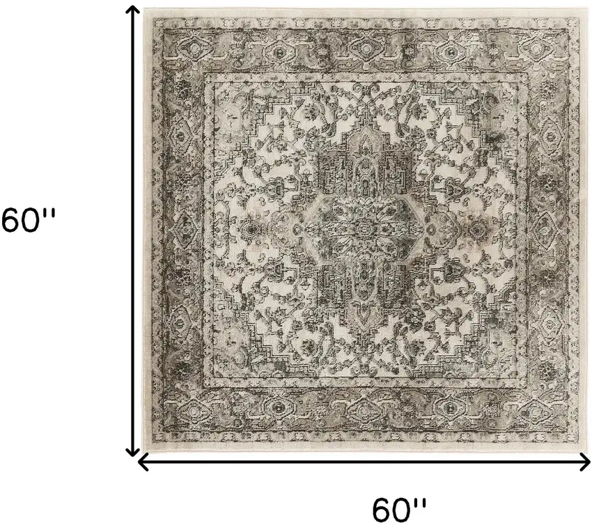 5' Gray and Ivory Square Medallion Power Loom Distressed Area Rug Photo 3