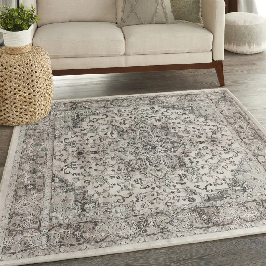5' Gray and Ivory Square Medallion Power Loom Distressed Area Rug Photo 5