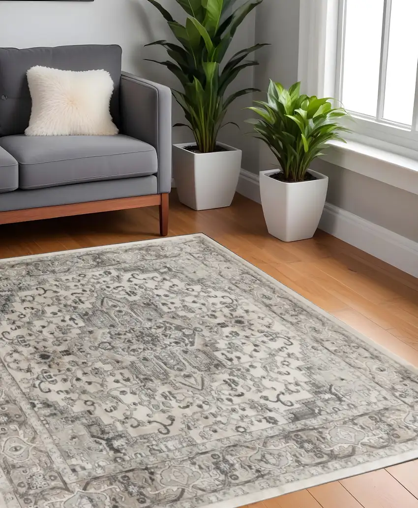 5' Gray and Ivory Square Medallion Power Loom Distressed Area Rug Photo 1