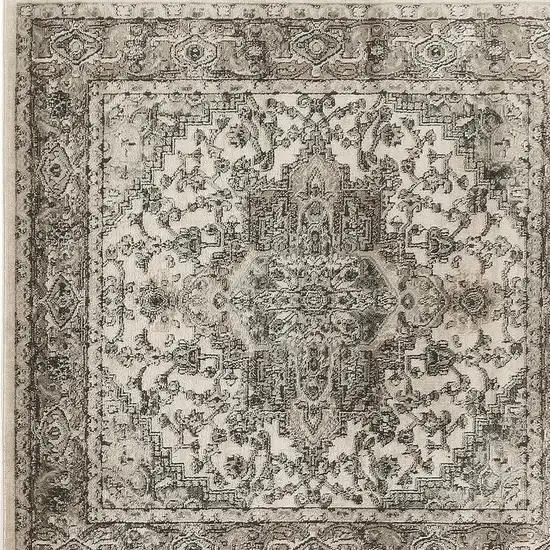 5' Gray and Ivory Square Medallion Power Loom Distressed Area Rug Photo 3
