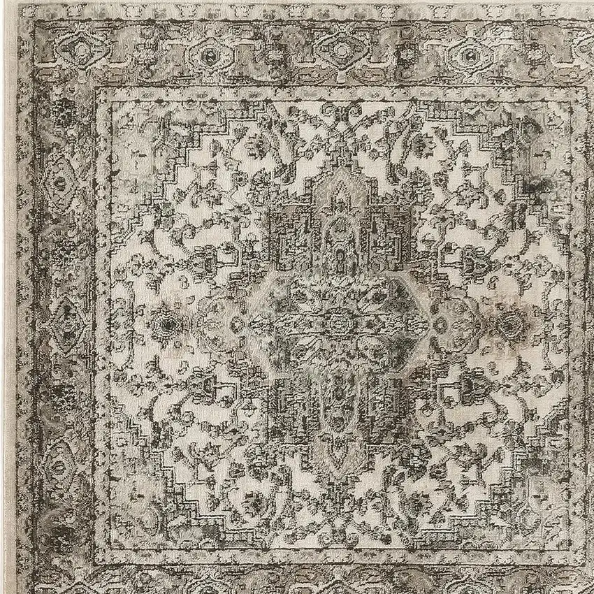 5' Gray and Ivory Square Medallion Power Loom Distressed Area Rug Photo 3