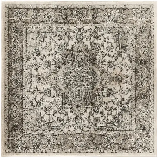 5' Gray and Ivory Square Medallion Power Loom Distressed Area Rug Photo 2