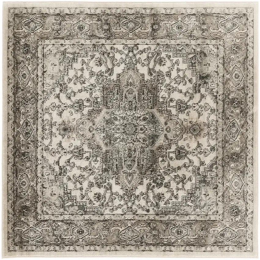 5' Gray and Ivory Square Medallion Power Loom Distressed Area Rug Photo 2