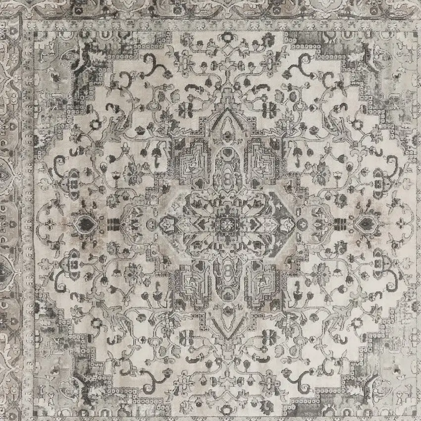 8' Gray and Ivory Square Medallion Power Loom Distressed Area Rug Photo 6