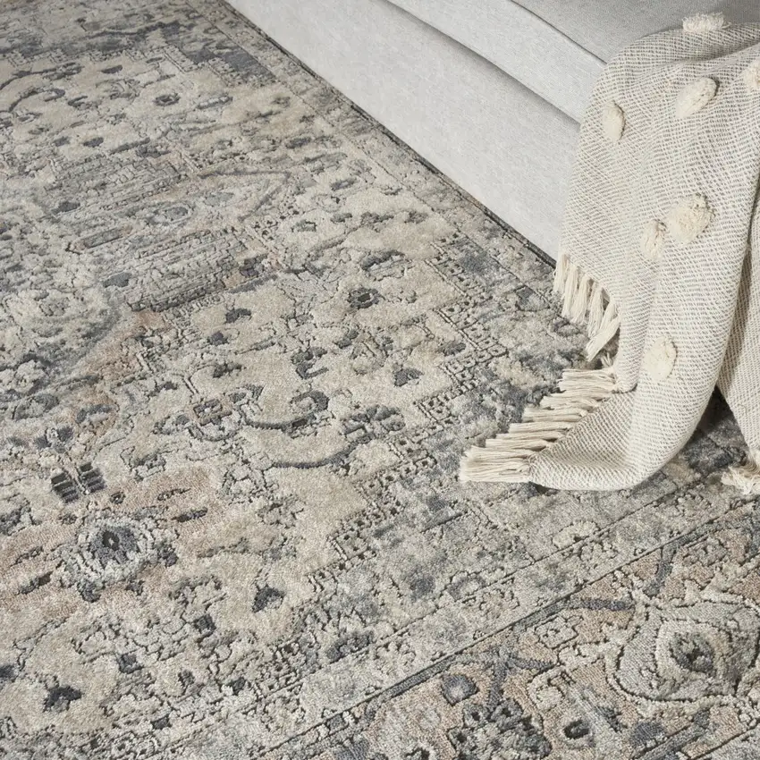 8' Gray and Ivory Square Medallion Power Loom Distressed Area Rug Photo 8