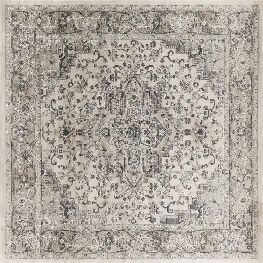 8' Gray and Ivory Square Medallion Power Loom Distressed Area Rug Photo 7