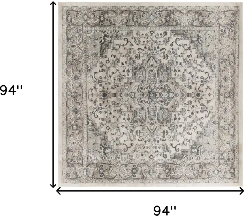 8' Gray and Ivory Square Medallion Power Loom Distressed Area Rug Photo 3