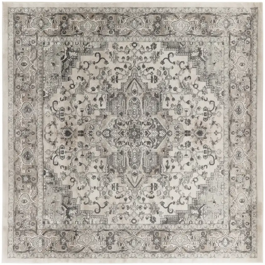 8' Gray and Ivory Square Medallion Power Loom Distressed Area Rug Photo 9