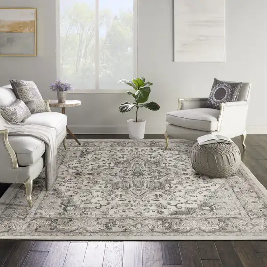 8' Gray and Ivory Square Medallion Power Loom Distressed Area Rug Photo 3