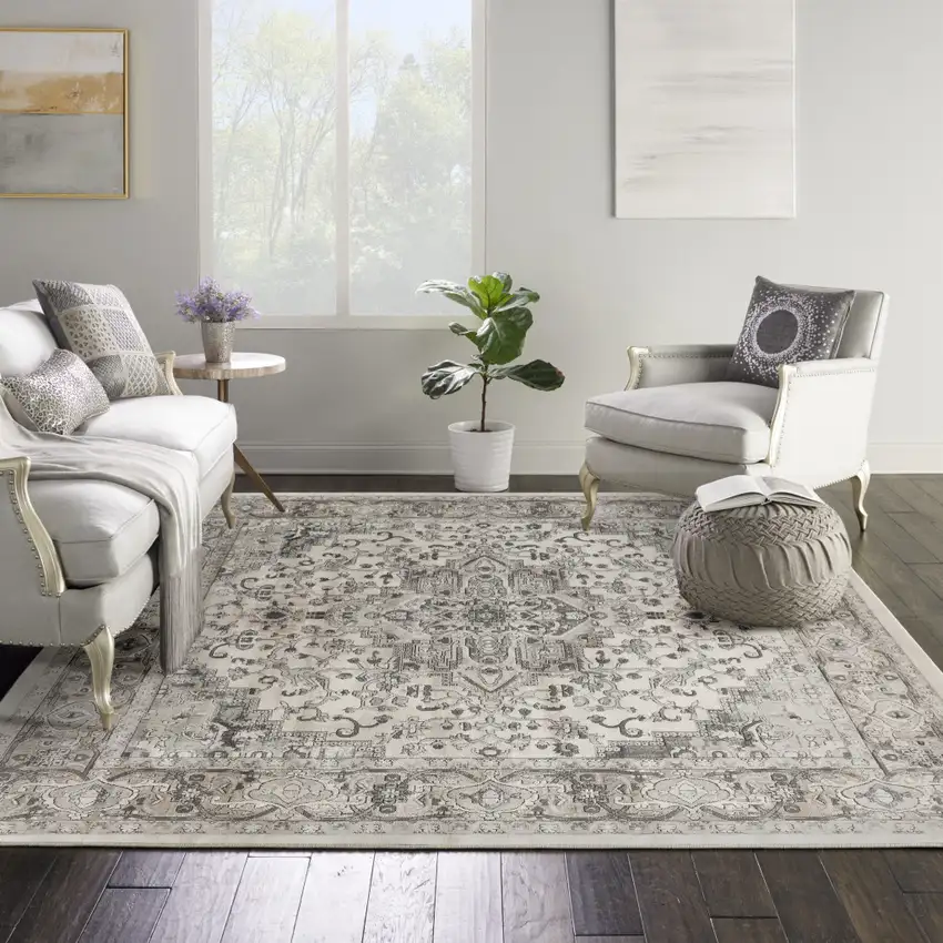 8' Gray and Ivory Square Medallion Power Loom Distressed Area Rug Photo 3