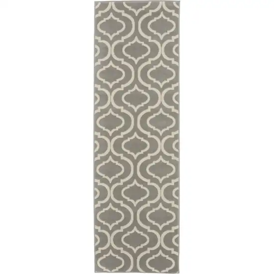 6' Gray and Ivory Trellis Non Skid Runner Rug Photo 1