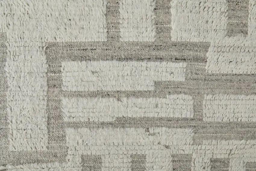 10' Gray and Ivory Wool Geometric Hand Woven Runner Rug Photo 5