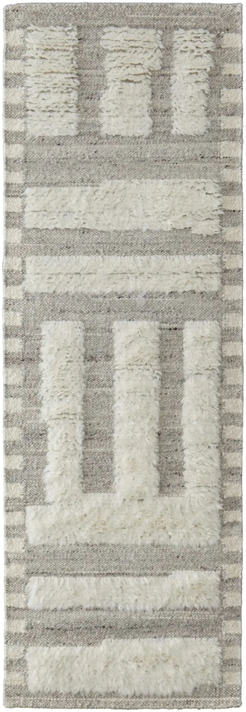 10' Gray and Ivory Wool Geometric Hand Woven Runner Rug Photo 1