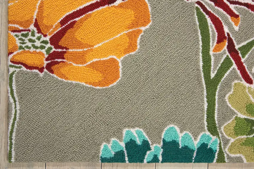 8' Gray and Orange Botanical Leaves Hand Carved Handmade Runner Rug Photo 8